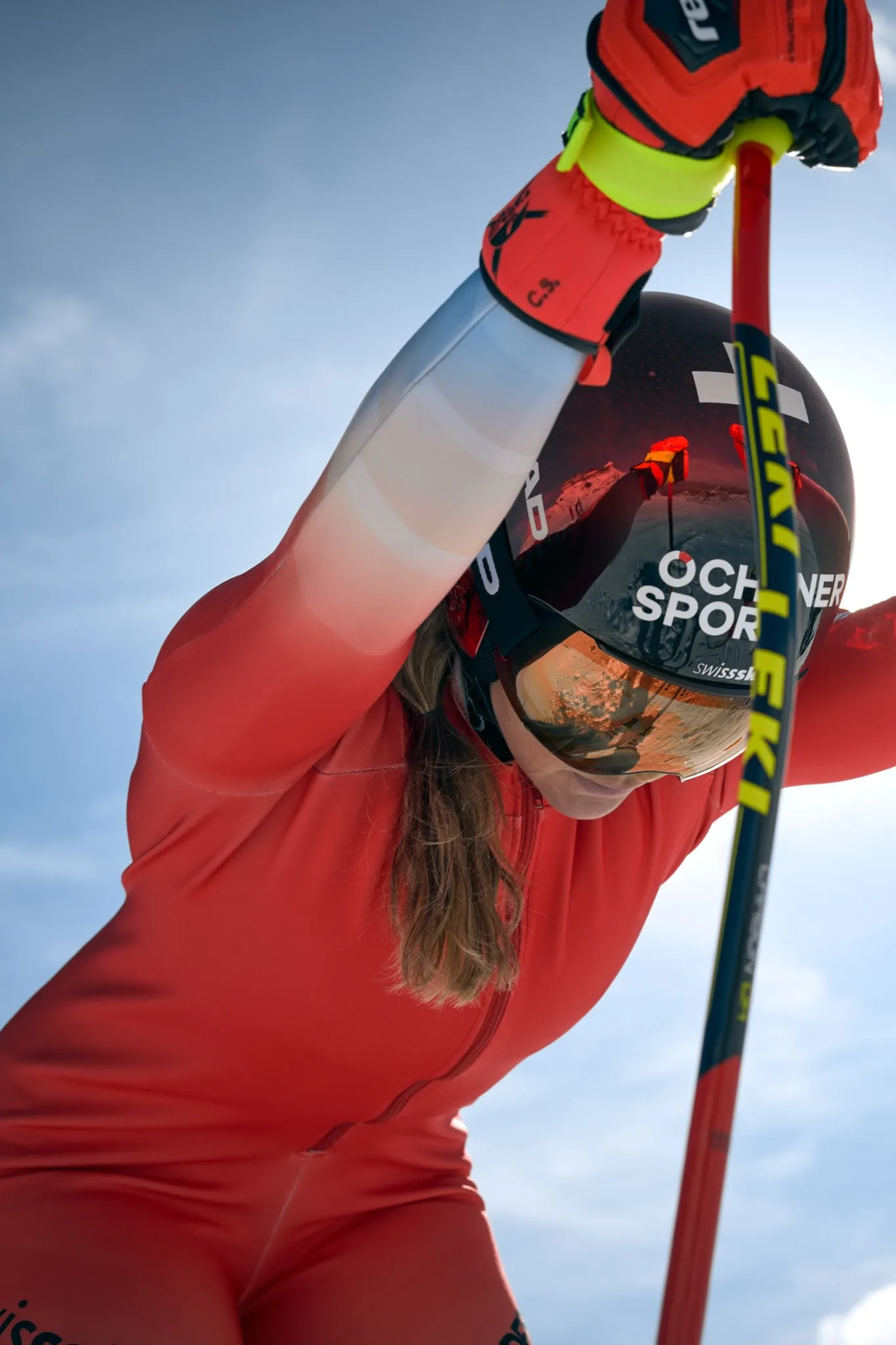 Fashion-forward portrait of Olympic alpine skier Corinne Suter, blending sport and style in a compelling editorial composition.