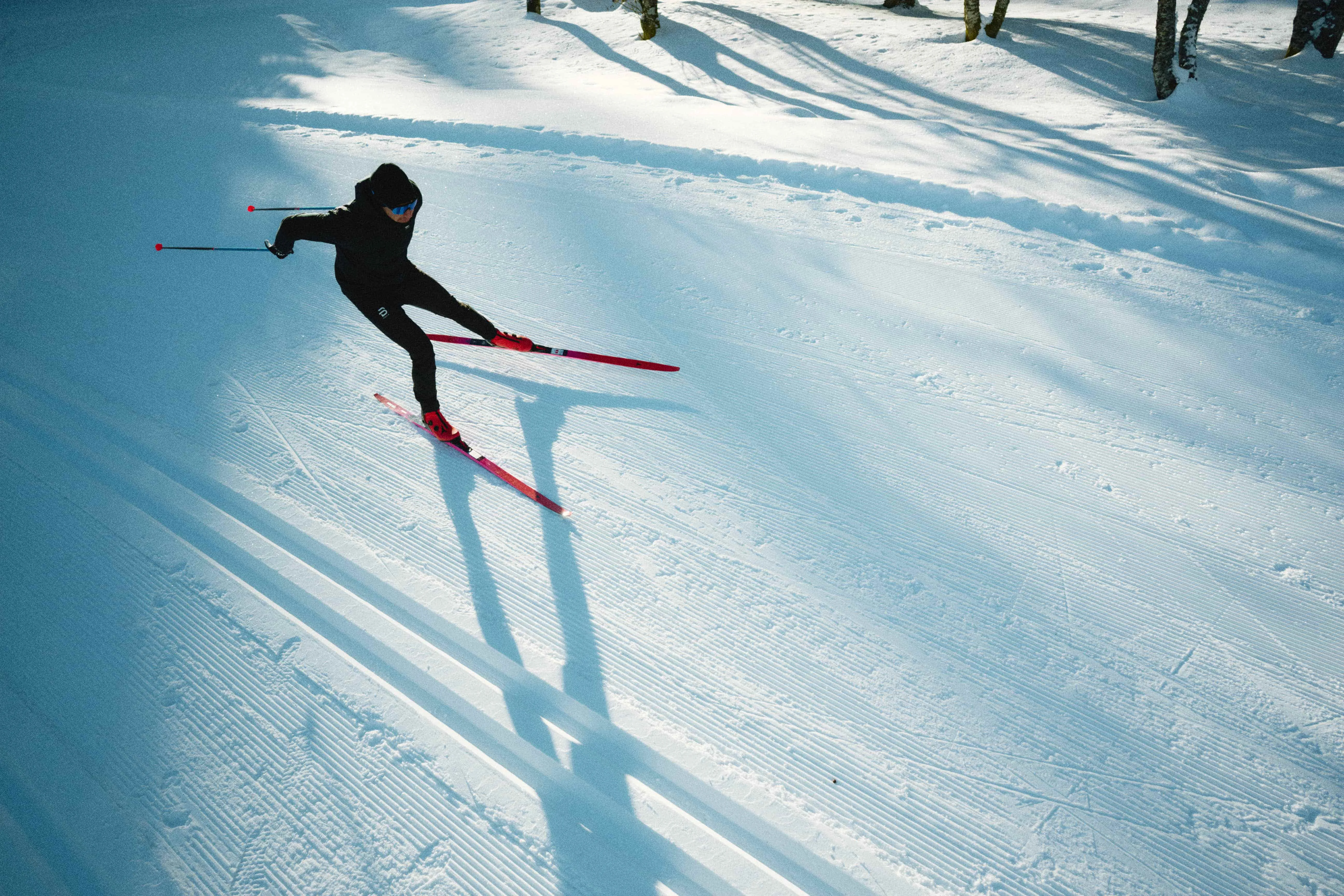 Athlete Dario Cologna cross-country skiing on a freshly groomed track surrounded by snow and trees.